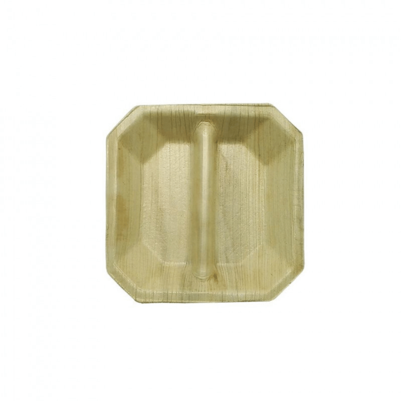 Square palm leaf plate 2 compartments 100x100MM(Box: 25pcs) Ref: PLHOPA000009