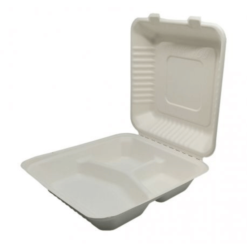 Menu Carriers. Sugarcane fiber with hinged lid. 232x232mm. 3 compartments. Box of 50 Pcs. Ref: ERPABI000010